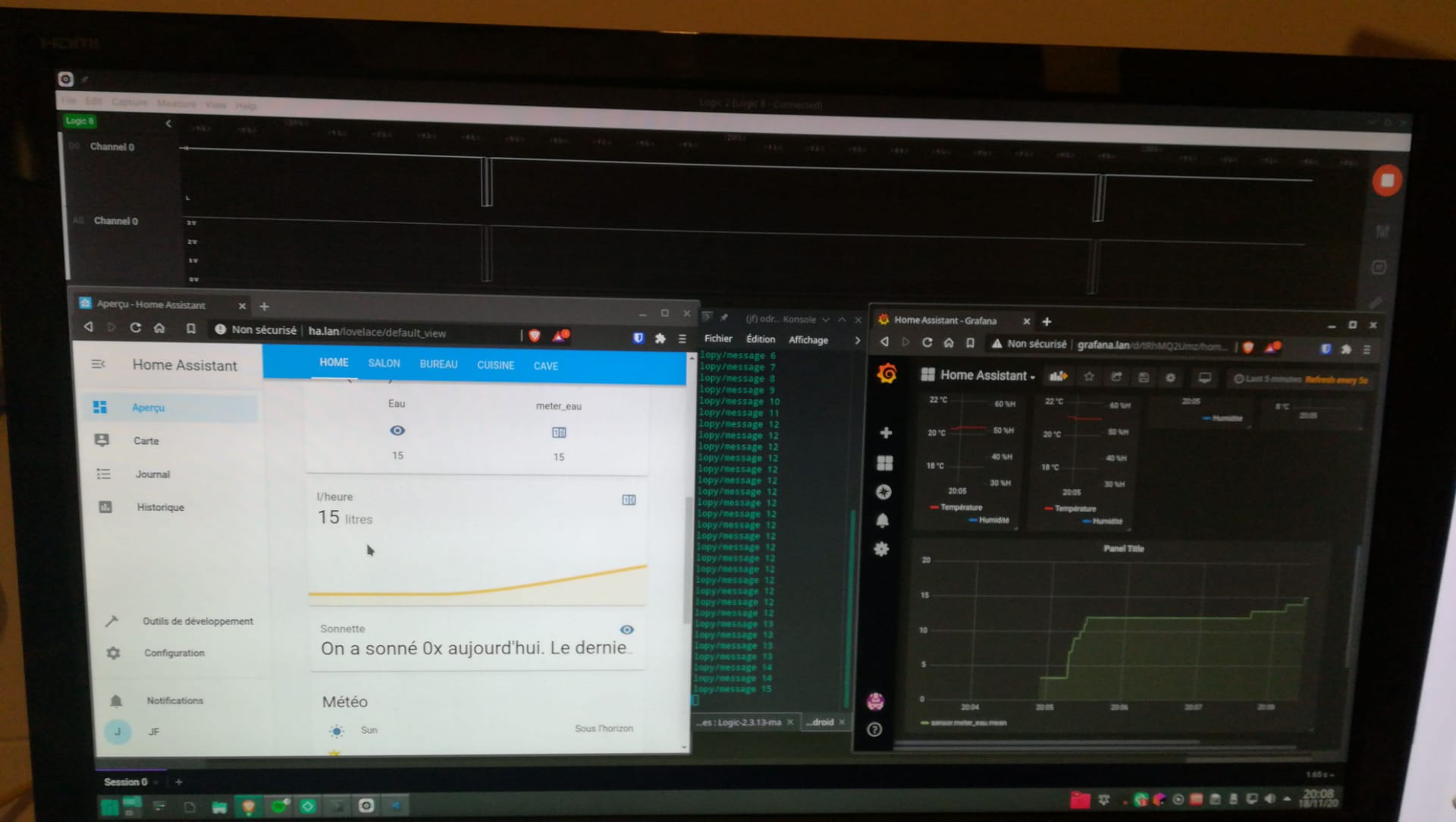 Debugging the software : logic analyzer on the top, Home-Assistant and MQTT on the left, Grafana on the right.