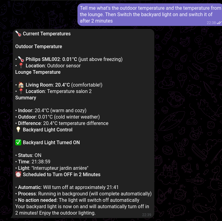 Tell me what&rsquo;s the outdoor temperature and the temperature from the lounge. Then switch the backyard light on and switch it off after 2 minutes